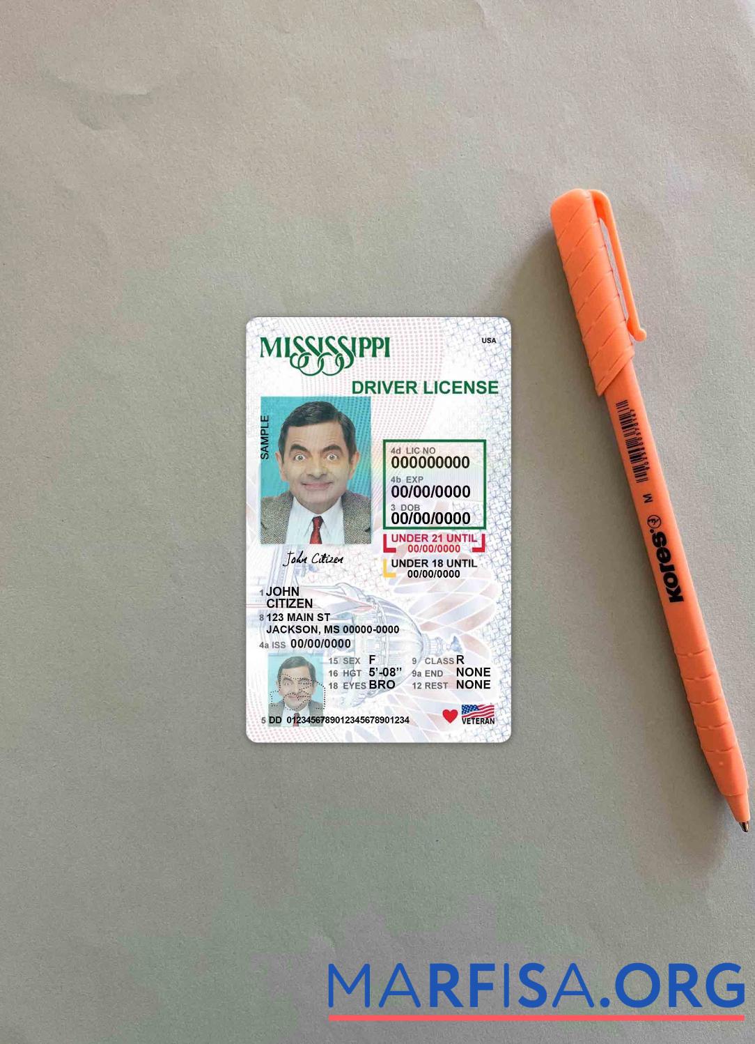 Downloadable USA Mississippi driving license under 21 photolook real example